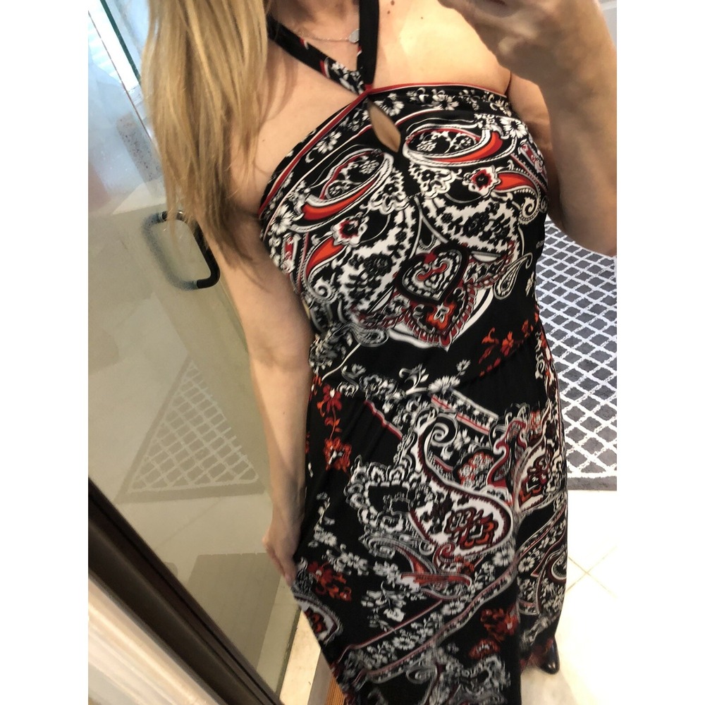 White House Black Market Damask Print Stretch Maxi Dress Halter Neck XS Red